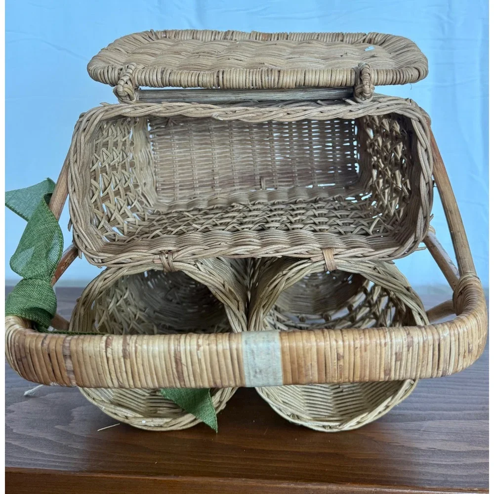 Vintage Woven Wicker Double Wine Bottle Picnic Basket Carrier with Lid Handle